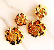 Load image into Gallery viewer, CHANEL RARE MASSIVE DOUBLE CAMELLIA FLOWER DANGLE GILT VINTAGE EARRINGS