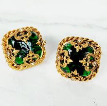 Load image into Gallery viewer, ORNATE CHANEL EMERALD GREEN GRIPOIX GLASS EARRINGS