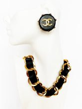 Load image into Gallery viewer, CHANEL CHUNKY BLACK LEATHER GILT CHAIN NECKLACE CHOKER COLLAR VINTAGE 1990's PRISTINE
