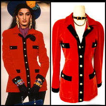 Load image into Gallery viewer, CHANEL ICONIC SUPERMODEL RUNWAY RED VELVET JACKET 1990 AUTUMN WINTER
