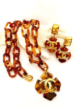 Load image into Gallery viewer, CHANEL TORTOISE GILT LOGO QUATREFOIL CLOVER SHEILD NECKLACE AND EARRING SET 1994