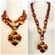 Load image into Gallery viewer, CHANEL TORTOISE GILT LOGO QUATREFOIL CLOVER SHEILD NECKLACE AND EARRING SET 1994