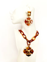 Load image into Gallery viewer, CHANEL TORTOISE GILT LOGO QUATREFOIL CLOVER SHEILD NECKLACE AND EARRING SET 1994