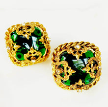Load image into Gallery viewer, ORNATE CHANEL EMERALD GREEN GRIPOIX GLASS EARRINGS