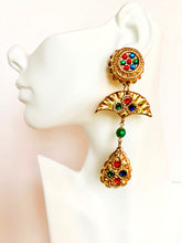 Load image into Gallery viewer, FRENCH 1980s GILT RESIN XXL EVENTAIL FAN MULTI-CRYSTAL VINTAGE EARRINGS