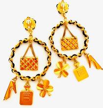 Load image into Gallery viewer, CHANEL MASSIVE LEATHER CHAIN HOOP EARRINGS HANDBAG, PERFUME, SHOE, CLOVER CHARMS