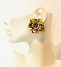 Load image into Gallery viewer, CHANEL MASSIVE CAMELLIA FLOWER GILT VINTAGE EARRINGS 1989