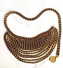 Load image into Gallery viewer, CHANEL ICONIC 15 LAYER DRAPED GILT AND LEATHER LACED BELT NECKLACE 1993