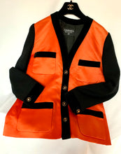 Load image into Gallery viewer, CHANEL RUNWAY TANGERINE SILK BLACK BOUCLÉ VELVET VINTAGE JACKET