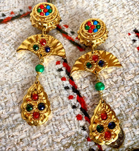Load image into Gallery viewer, FRENCH 1980s GILT RESIN XXL EVENTAIL FAN MULTI-CRYSTAL VINTAGE EARRINGS