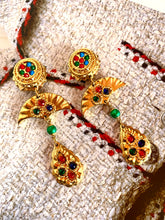 Load image into Gallery viewer, FRENCH 1980s GILT RESIN XXL EVENTAIL FAN MULTI-CRYSTAL VINTAGE EARRINGS