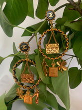Load image into Gallery viewer, CHANEL MASSIVE LEATHER CHAIN HOOP EARRINGS HANDBAG, PERFUME, SHOE, CLOVER CHARMS