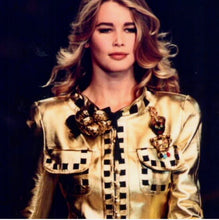 Load image into Gallery viewer, CHANEL ICONIC GOLD METALLIC LEATHER GROSGRAIN RIBBON RUNWAY JACKET COAT 1991