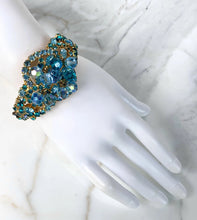 Load image into Gallery viewer, VINTAGE 1970s BABY BLUE TURQUOISE
GLASS AND CRYSTAL CUFF HINGED
BANGLE BRACELET
