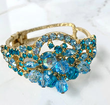 Load image into Gallery viewer, VINTAGE 1970s BABY BLUE TURQUOISE
GLASS AND CRYSTAL CUFF HINGED
BANGLE BRACELET
