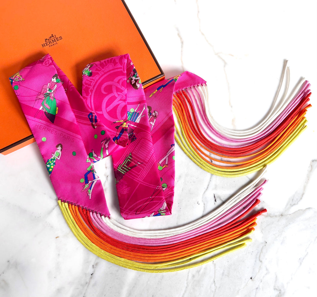 HERMES SILK FRINGED TWILLY PINK EX-LIBRIS LES PARISIENNES