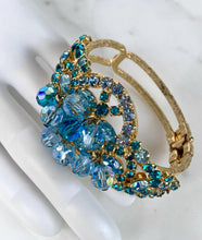 Load image into Gallery viewer, VINTAGE 1970s BABY BLUE TURQUOISE
GLASS AND CRYSTAL CUFF HINGED
BANGLE BRACELET

