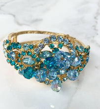 Load image into Gallery viewer, VINTAGE 1970s BABY BLUE TURQUOISE
GLASS AND CRYSTAL CUFF HINGED
BANGLE BRACELET
