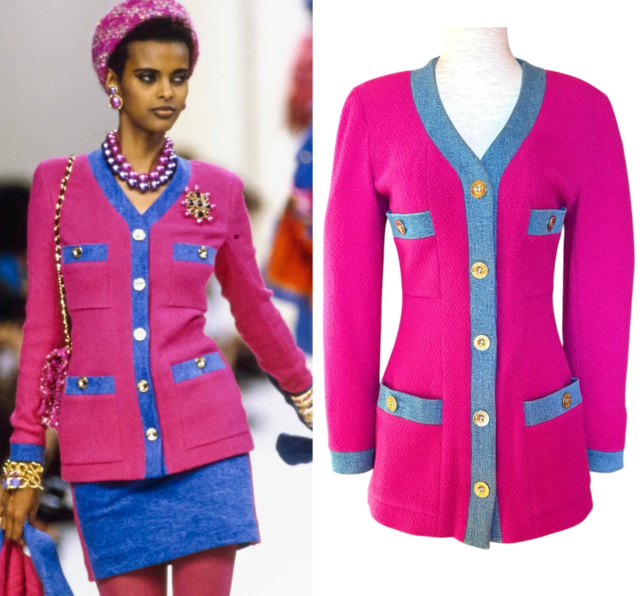 CHANEL 1991 AUTUMN HOT PINK BOUCLE TWEED DENIM JEAN CONTRAST