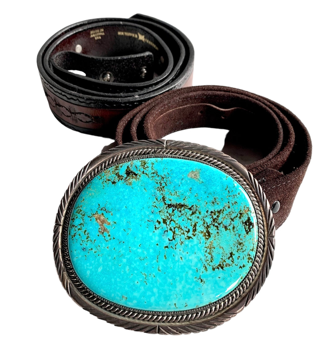GENUINE MASSIVE TURQUOISE STERLING SILVER BUCKLE SIGNED w/2 BELT STRAPS