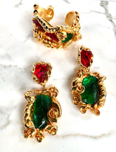 Load image into Gallery viewer, FRENCH 1980s BAROQUE RED EMERALD RESIN EARRINGS CUFF SET
