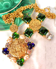 Load image into Gallery viewer, CHANEL EMERALD GRIPOIX GLASS BYZANTINE COIN CROSS NECKLACE 1993
