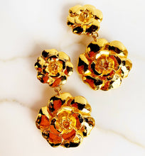 Load image into Gallery viewer, CHANEL RARE MASSIVE DOUBLE CAMELLIA FLOWER DANGLE GILT VINTAGE EARRINGS
