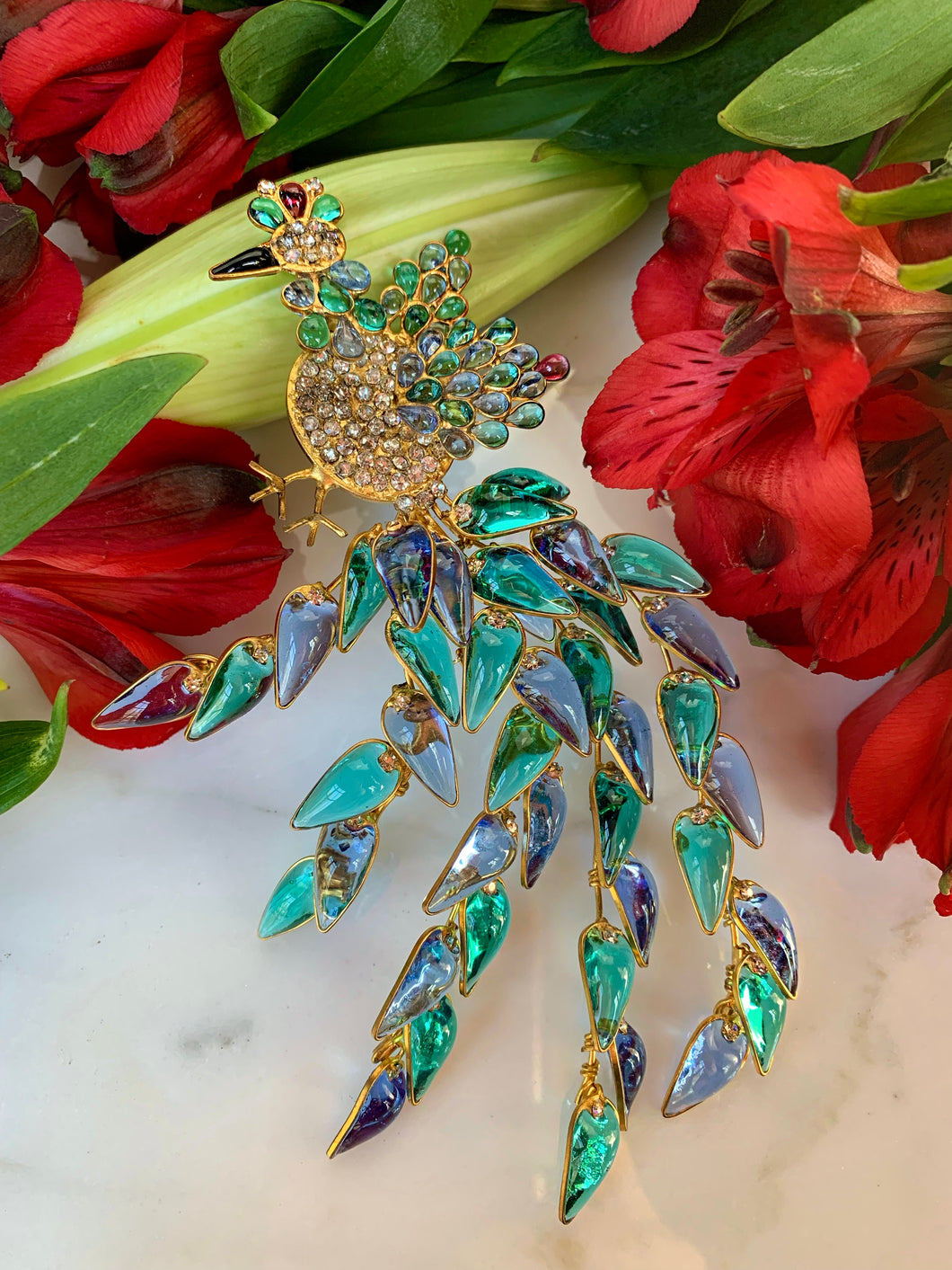 EXTRAORDINARY AND RARE CHANEL GRIPOIX PEACOCK PENDANT BROOCH
