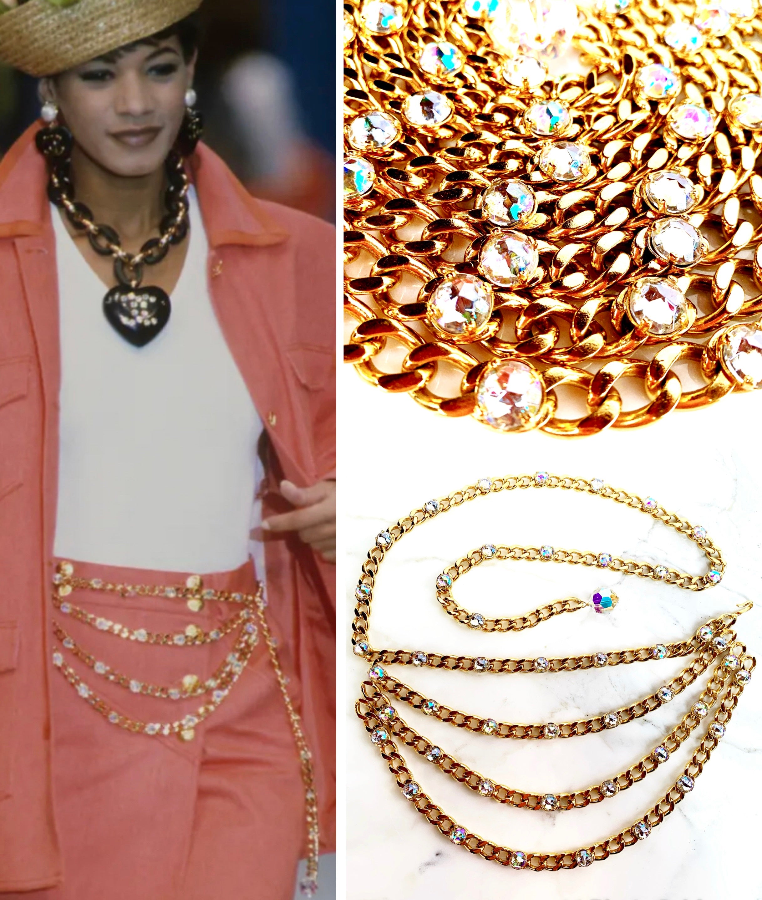 CHANEL ICONIC 4 LAYER HOLOGRAPHIC CRYSTAL CHAIN BELT NECKLACE 1992