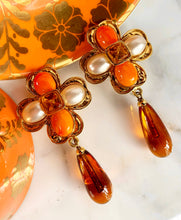 Load image into Gallery viewer, CHANEL CORAL AMBER GRIPOIX GLASS FLOWER DANGLE EARRING 1994
