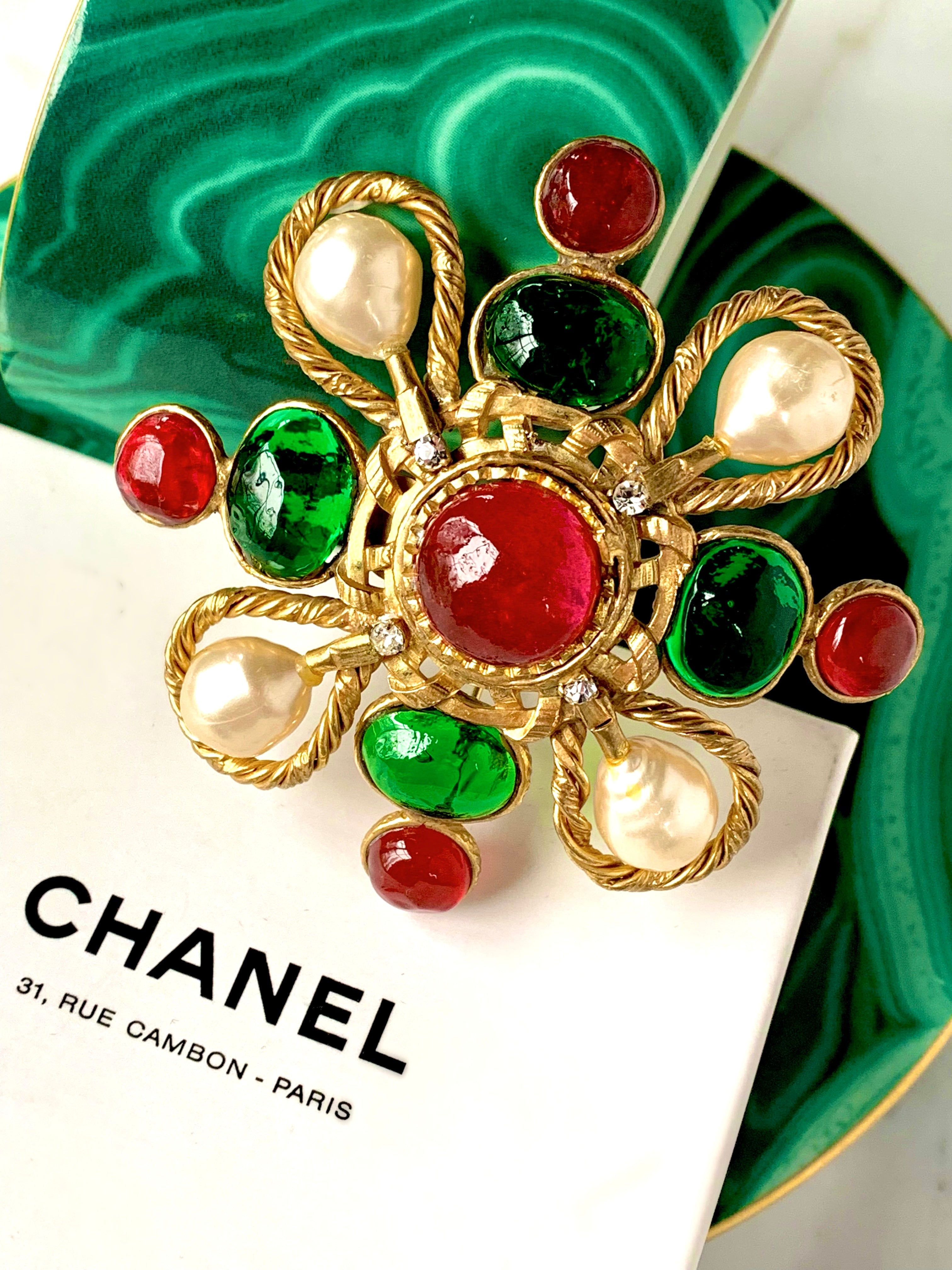 CoCo Chanel Rare Massive Clover Style 3-D Layerd Gripoix And Pearl  Brooch!!MINT!