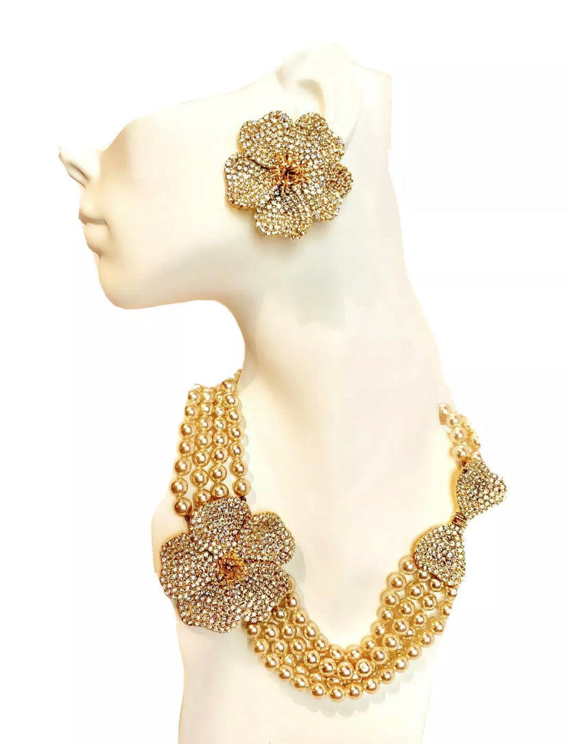 MONTY DON RARE 1980's CRYSTAL AND FAUX PEARL FLOWER EARRINGS NECKLACE DEMI PARURE SET