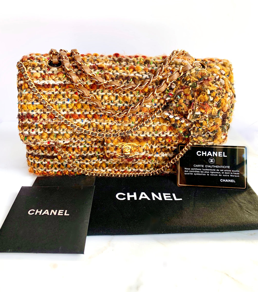 EXTRAORDINARY CHANEL DRAPED CHAIN DOUBLE FLAP LESAGE TWEED CAMELLIA BAG