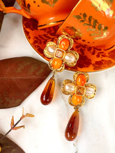 Load image into Gallery viewer, CHANEL CORAL AMBER GRIPOIX GLASS FLOWER DANGLE EARRING 1994
