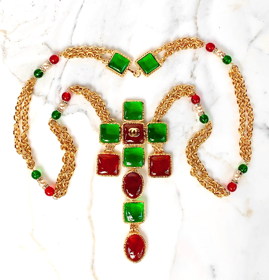 CHANEL MAJESTIC BYZANTINE EMERALD GREEN AND RED GRIPOIX GLASS CROSS NECKLACE