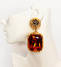 Load image into Gallery viewer, FRENCH DESIGNER 1980&#39;s MASSIVE COGNAC FAUX GEM EARRINGS  UNSIGNED

