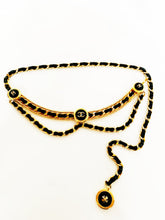 Load image into Gallery viewer, CHANEL CHATELAINE DRAPED MEDALLION LEATHER LACED GILT CHAIN BELT NECKLACE
