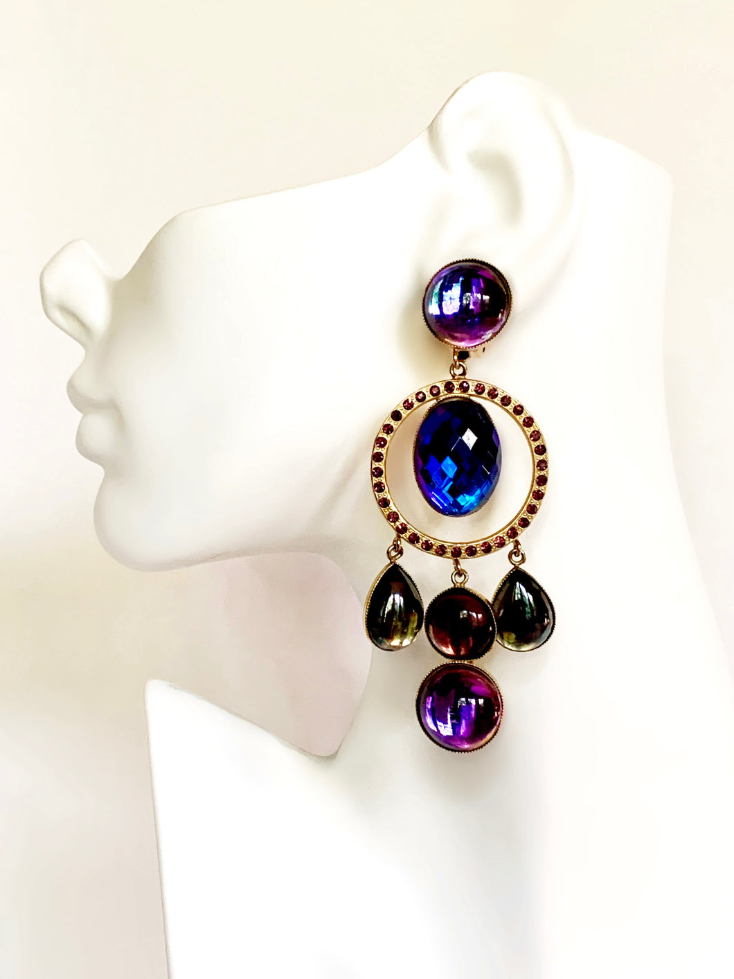 ZOE COSTE FRANCE 1980s VINTAGE CRYSTAL AND GLASS CABOCHON CHANDELIER EARRINGS