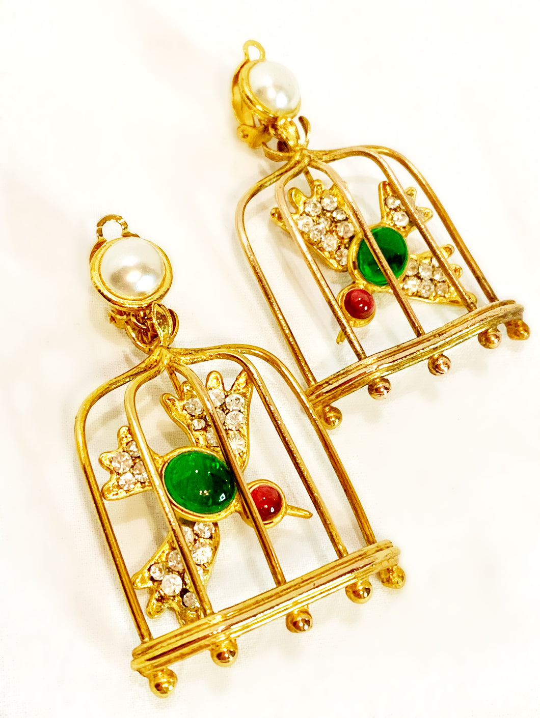 CHANEL ICONIC BIRD CAGE GRIPOIX GLASS BIRDS PEARL EARRINGS