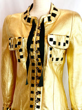 Load image into Gallery viewer, CHANEL ICONIC GOLD METALLIC LEATHER GROSGRAIN RIBBON RUNWAY JACKET COAT 1991
