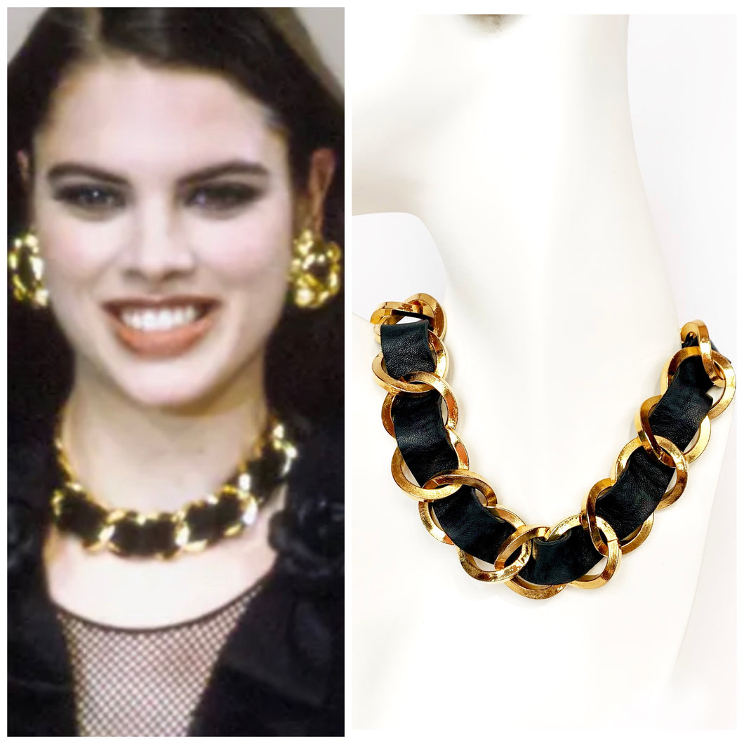 CHANEL CHUNKY BLACK LEATHER GILT CHAIN NECKLACE CHOKER COLLAR VINTAGE 1990's PRISTINE