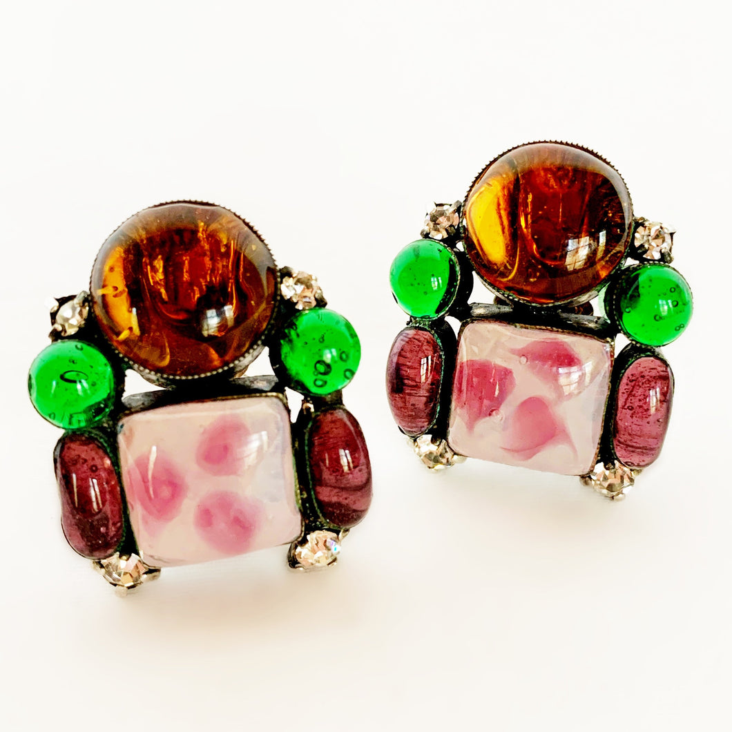 CHANEL GRIPOIX POURED GLASS MULTI COLOURED EARRINGS SPECTACULAR 93