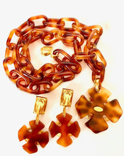 Load image into Gallery viewer, CHANEL TORTOISE GILT LOGO QUATREFOIL CLOVER SHEILD NECKLACE AND EARRING SET 1994

