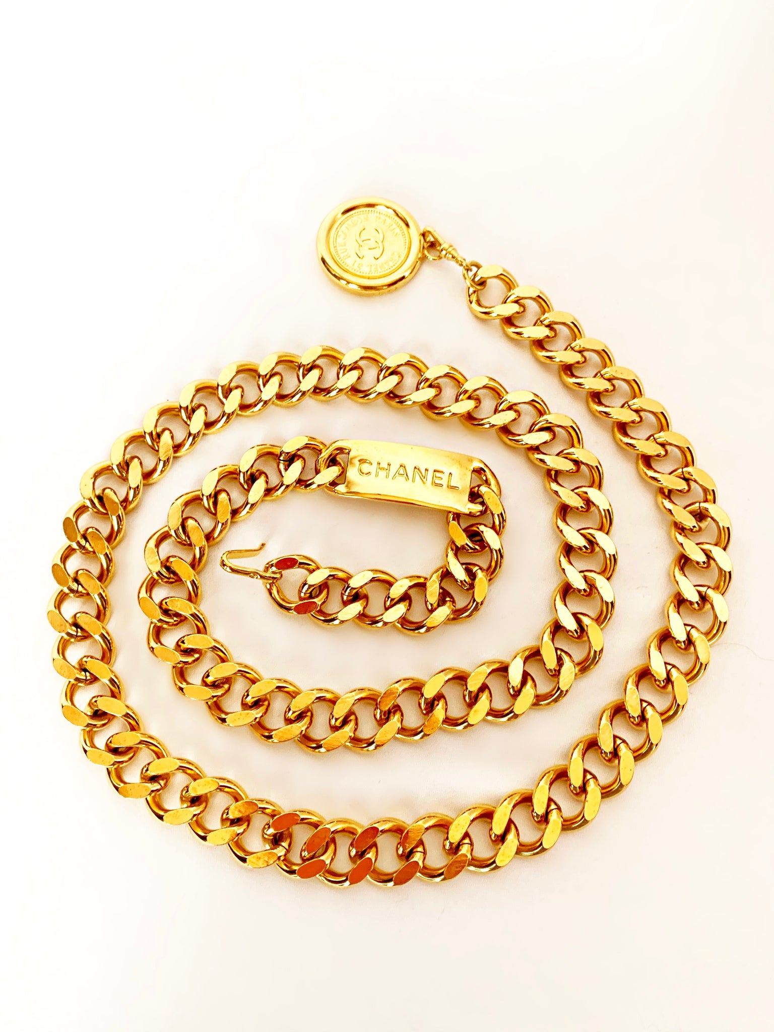 CHANEL Vintage CC Logo Medallion Gold Tone Belt - Necklace W/Box - Chelsea  Vintage Couture