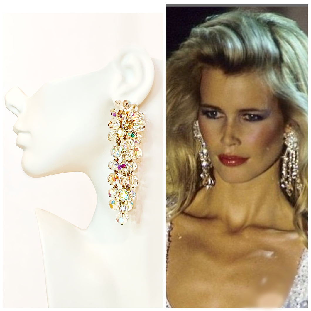 CHANEL HOLOGRAPHIC IRIDESCENT CRYSTAL MASSIVE RUNWAY EARRINGS 1990's