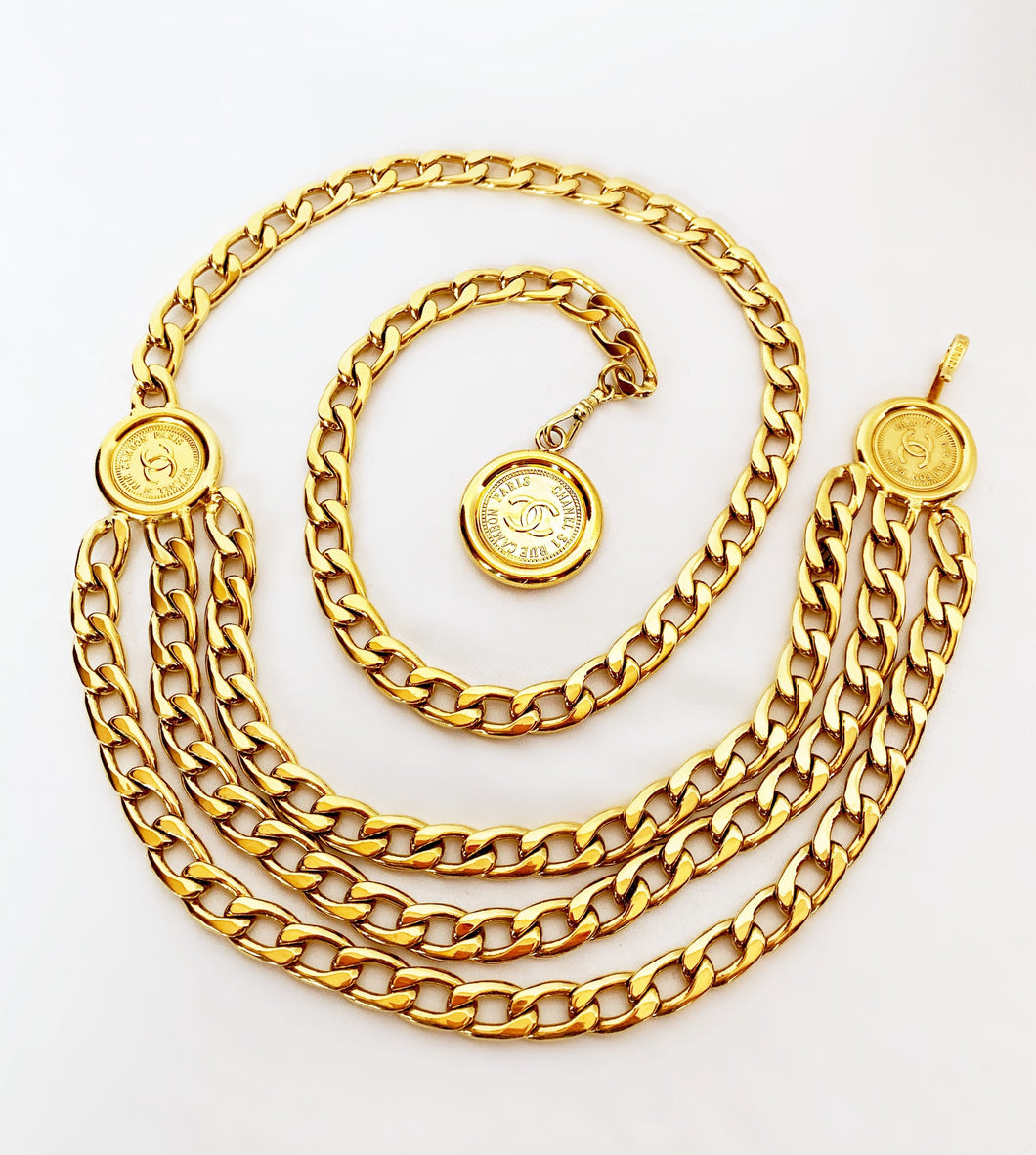 CHANEL 3 LAYERED BELT NECKLACE WITH 3 MEDALLION COINS