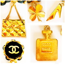 Load image into Gallery viewer, CHANEL MASSIVE LEATHER CHAIN HOOP EARRINGS HANDBAG, PERFUME, SHOE, CLOVER CHARMS
