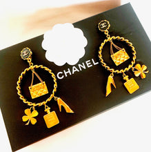 Load image into Gallery viewer, CHANEL MASSIVE LEATHER CHAIN HOOP EARRINGS HANDBAG, PERFUME, SHOE, CLOVER CHARMS
