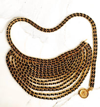 Load image into Gallery viewer, CHANEL ICONIC 15 LAYER DRAPED GILT AND LEATHER LACED BELT NECKLACE 1993
