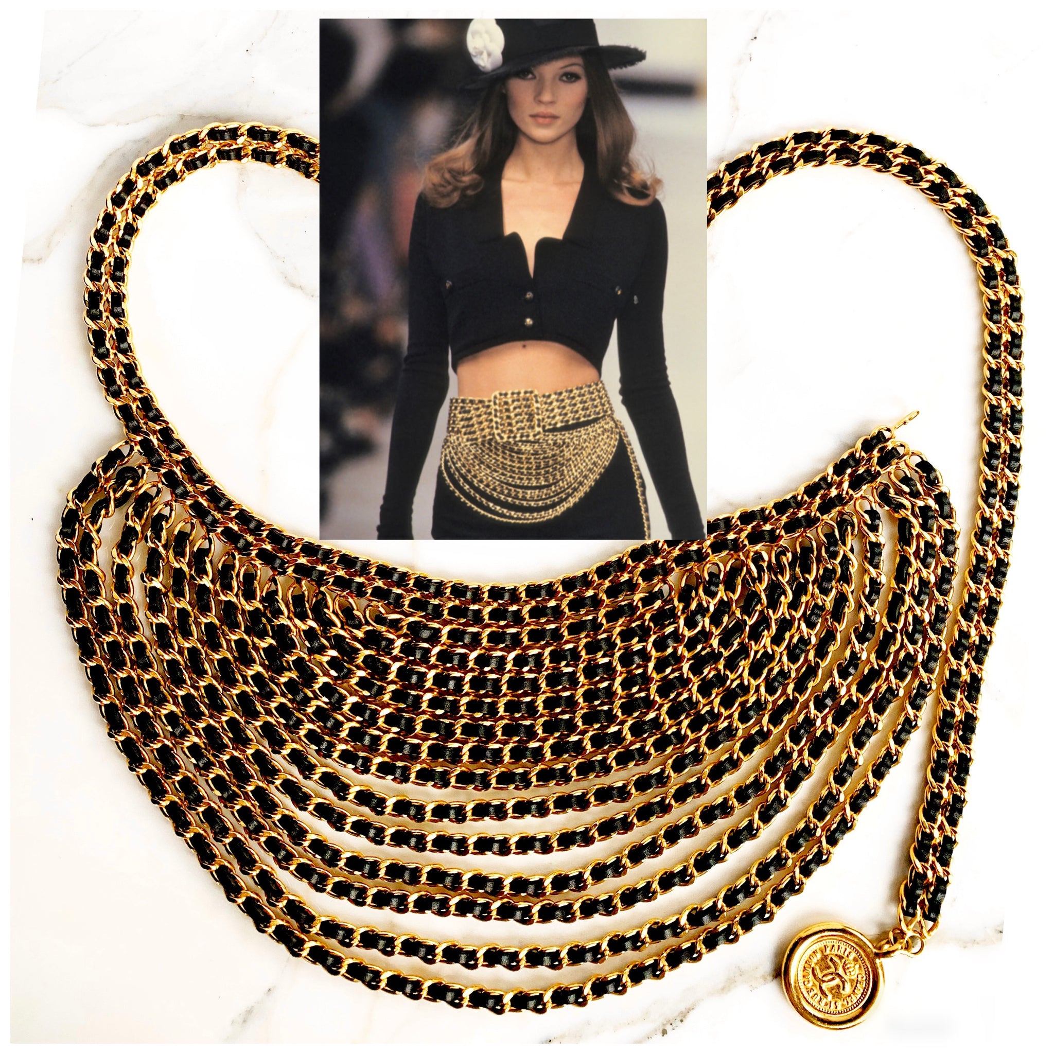 CHANEL ICONIC 15 LAYER DRAPED GILT AND LEATHER LACED BELT NECKLACE
